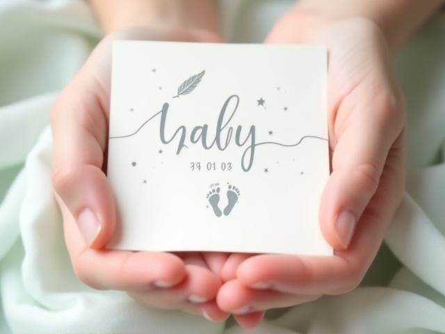 A delicate calligraphic birth announcement card with illustrative details