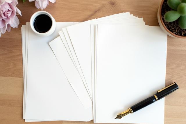 A workspace setup with dip pen, ink, and calligraphy practice sheets.