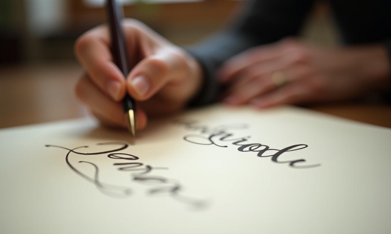 A calligrapher's hand gracefully writing with an ink pen on beautiful paper