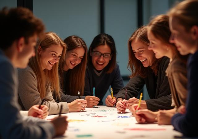 Group of people enjoying a calligraphy team building event