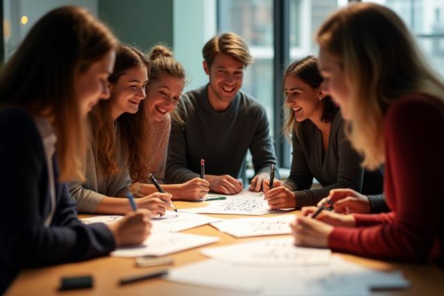 A group of people happily practicing calligraphy in a corporate team-building setting